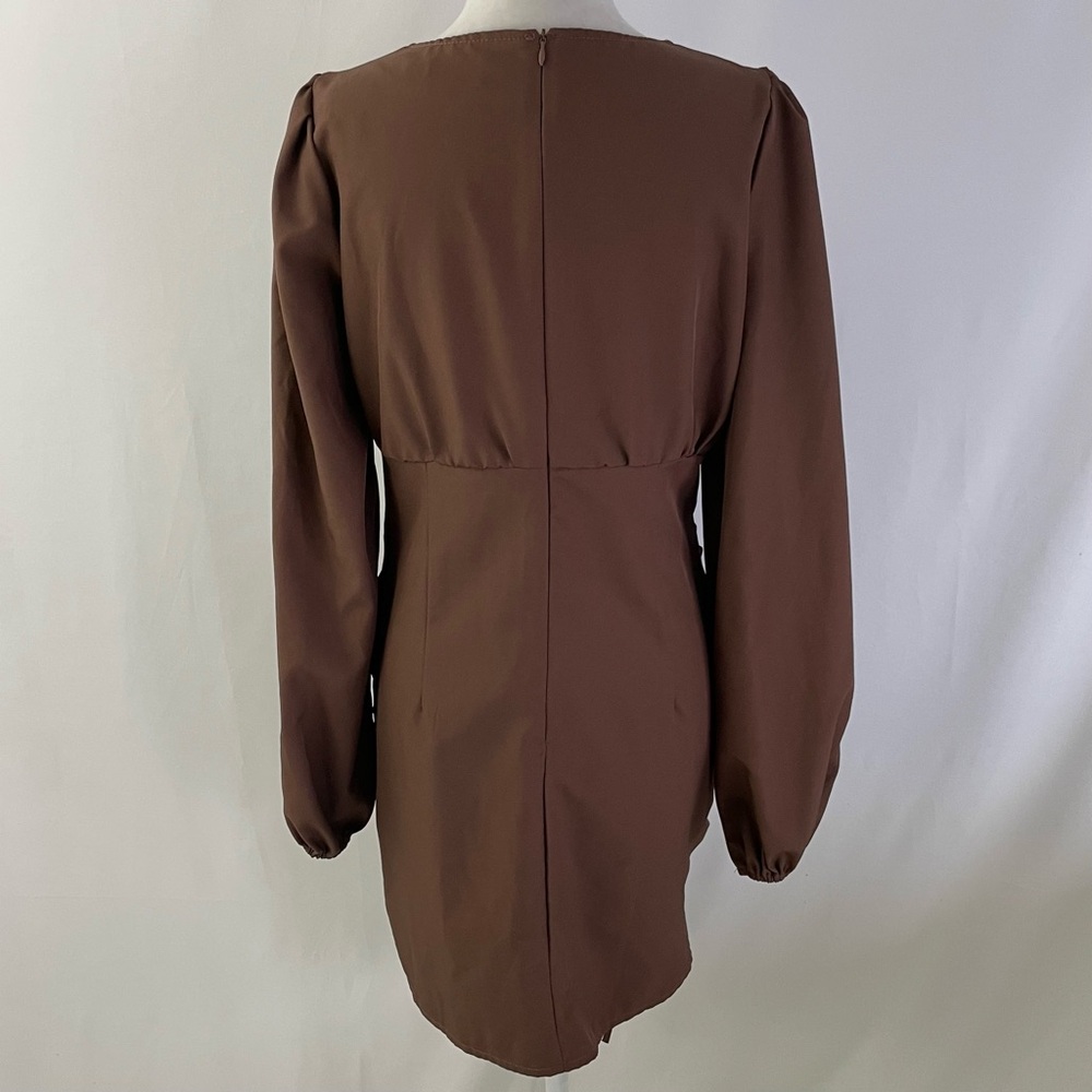 Pretty Little Thing Ruched Long Sleeve Bodycon Mini Dress Chocolate Brown Size 6 - Picture 11 of 16